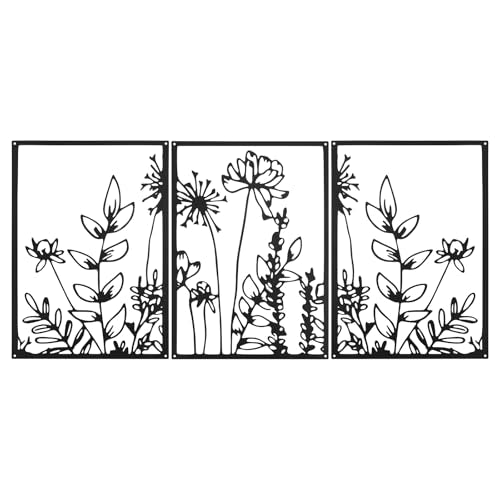 Afcabakila 3 Pcs Black Metal Wall Art Minimalist Wall Decor Modern Minimalist Floral Single Line Living Room Wall Decor Metal Boho Flower for Bedroom Kitchen Bathroom 16.5x11.8 Inch