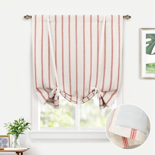 DriftAway Farmhouse Double Layer Linen Blackout Tie Up Curtains Thermal Insulated Vertical Striped Fully Lined Balloon Roman Shade Bathroom Window Adjustable Rod Pocket 39 Inch by 55 Inch Red - color: Red, size: 39"W x 55"L (Pack of 1)