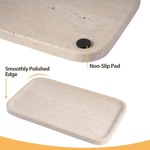 Travertine Vanity Tray, Stone Bathroom Tray for Countertop, 14'' Marble Decorative Dresser Trays, Large Serving Trays for Kitchen Counter, Storage for Kitchen Sink, Perfume, Jewelry Holder - color: 14" Beige Travertine