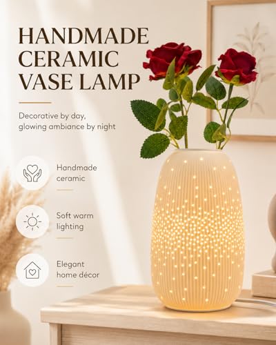 TACAHE Ceramic Vase Table Lamp, 2700K Bulb & 3 Artificial Flowers Included - style: Starry