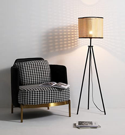 Gal - Mid Century Bohemian Tripod Floor with PVC Rattan Shade and Boho Velvet Rim for Bed Dining, Kitchen, Living Room, Beige
