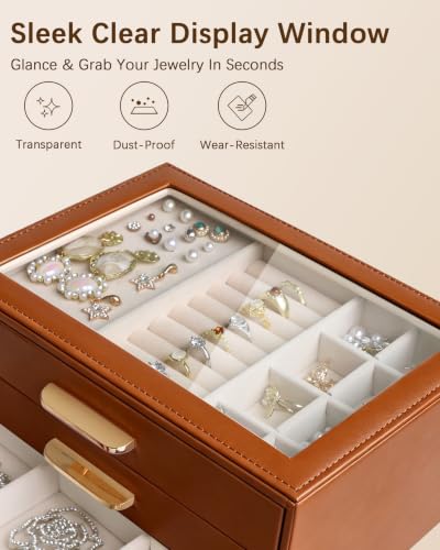 Homeanda Jewelry Boxes Organizer with Glass Lid, 3-Layer PU Leather, Brown - color: Brown, size: 3 Layer