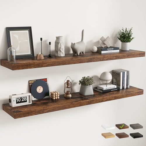 72 Inch Floating Shelves, 12"Deep Wall Shelf, 80 Lbs Capacity, Brown, 2pcs - color: Brown, size: 72"Wx12"Dx1.5"H