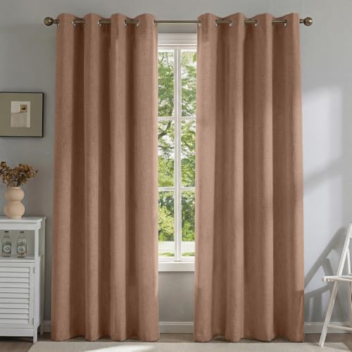 PFAS Free Mocha Linen Curtains 96 inch Length 2 Panels Set 100% Blackout Long Drapes for Bedroom Living Room Blackout Darkening Curtain Thermal Insulated (52x96 inch,Mocha) - color: Mocha, size: 52"W x 96"L (Pack of 2)
