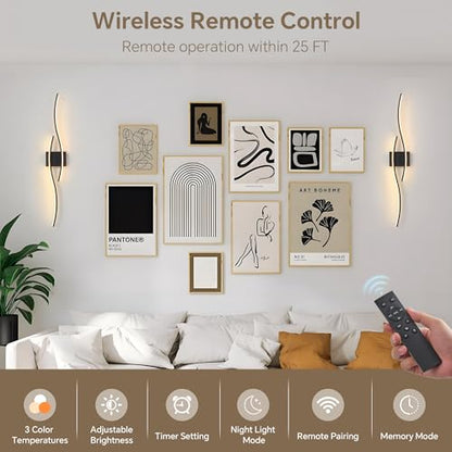 Wireless Wall Sconces Set of Two, Dimmable, 3CCT, Up to 65H Runtime - color: Black, size: 31.5 inches (2 Pack)