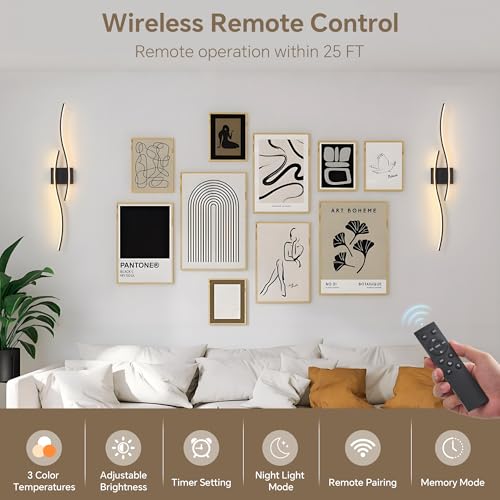 Wireless Wall Sconces Set of Two, Dimmable, 3CCT, Up to 65H Runtime - color: Black, size: 31.5 inches (2 Pack)