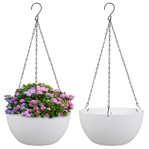 Meowell 8 inch Small Hanging Planters for Indoor Outdoor Plants, 2 Pack Hanging Flower Pots with Drainage Holes and Chain for Garden Porch, Plastic Hanging Baskets for House Plants, White - color: White, size: 8inch 2pcs