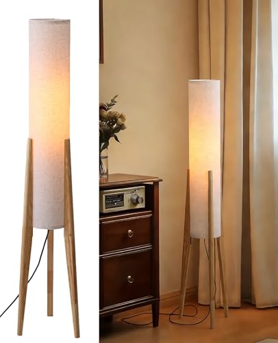 48.8" Natural Wood Tripod Floor Lamp, Mid Century Cylinder Floor Lamp - size: Natural
