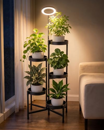 Bamworld Plant Stand with Grow Lights Indoor 5 Tier Plant Shelf Outdoor - color: Black with Ring Light, size: 5 Tiers