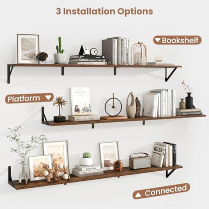 Axeman 55 Inch Floating Shelves, 8 Inch Deep Brown Wall Shelves Set of 2 - color: Rustic Brown, size: 55 Inch