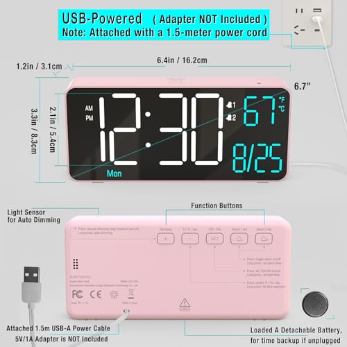 KOSUMOSU Alarm Clocks for Bedrooms, 6.7in Small Digital Clock, Auto Dimming, Room Temperature, Day of The Week, Date, Seconds, Digital Clocks for Living Room, Alarm Clock - color: Pink (White + Blue Digits)