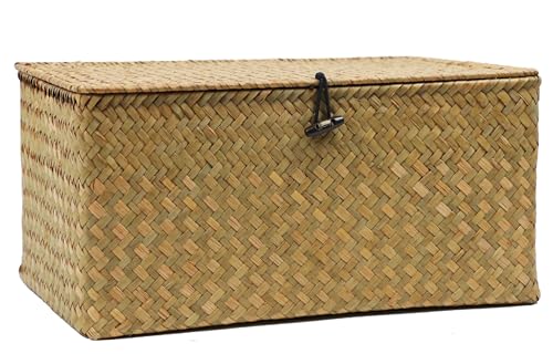 Seagrass Wicker Storage Basket with Lid, X-Large, Natural - color: Natural, size: 14.3" x 9.4" x 6.9"