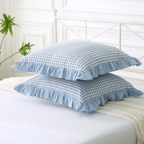 Mywinlle Dusty Blue Plaid Ruffle Gingham Throw Pillow Covers 18"x18" - color: Blue Plaid, size: 18" x 18" (Pack of 2)