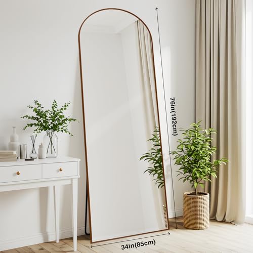 Anpark Arched 34x76 Inch Oversize Full Length Mirrors Aluminium Frame in Retro Reddish Brown Wood Looking Free Standing Floor Mirror Full Body Wall Mounted for Bedroom Living Room and Hallway