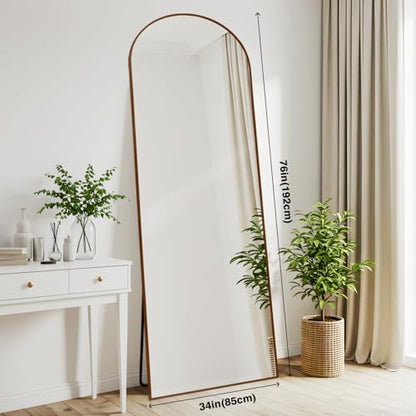 Anpark Arched 34x76 Inch Oversize Full Length Mirrors Aluminium Frame in Retro Reddish Brown Wood Looking Free Standing Floor Mirror Full Body Wall Mounted for Bedroom Living Room and Hallway