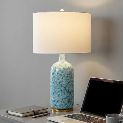 Modern Farmhouse Ceramic Table Lamp, 26" Tall Blue & White Kiln Glaze Bedside Lamp with Linen Shade, Contemporary Accent Lamp for Living Room Bedroom - color: Blue