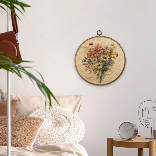 MAQIKA Vintage Floral Framed Wall Art Decor, Botanical Canvas Prints, Farmhouse Flower Round Wall Hanging, Boho Wall Art for Living Room Bedroom Kitchen, 10x10 Inch - color: Flower, size: 10"L x 10"W
