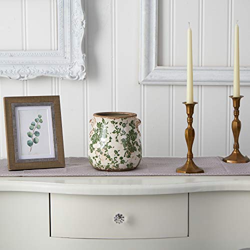 Nearly Natural 6.5 in Tuscan Ceramic Green Floral Scroll Decorative Vase - size: 6.5 in. W x 6.5 in. D x 6.5 in. H
