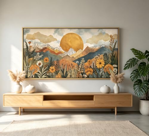 Vintage Framed Large Abstract Mountain Wall Art,Horizontal Boho Nature Landscape Canvas Print,Daisy Sun and Flowers Picture Poster,Japanese Orange Painting Artwork for Bedroom Living Room Office - color: Mountain, size: 32"L x 16"W