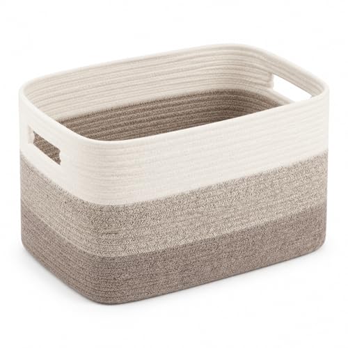 Cotton Rope Laundry Basket Medium, 15.4GAL Collapsible Woven Storage Baskets for Living Room Kids Toys Stuffed Animal Boho Rectangular Decorative Short Hamper for Dirty Clothes Blankets Gradient Brown - color: GradientBrown, size: 15.4GAL
