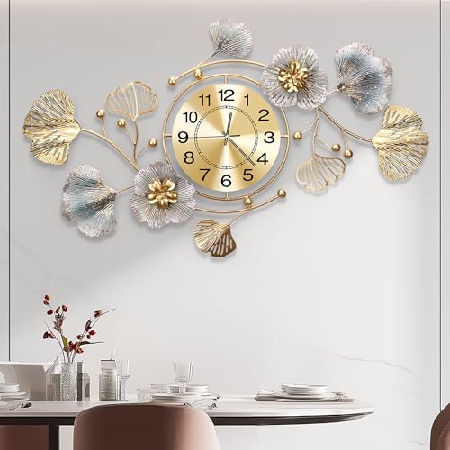 36" Modern Farmhouse Large Decorative Wall Clock, Ginkgo Metal Art - color: Retro Blue Color, size: 35 x 20 inches