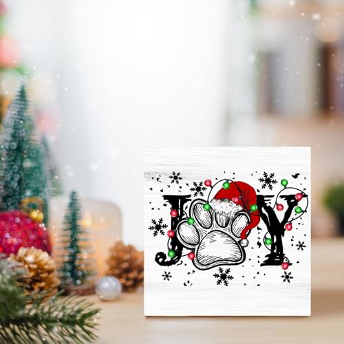 IWXYI Christmas Joy Wood Box Sign Desk Decor,Dog Paw Wooden Block Box Sign Decoration For Home Office Shelf Table Decor 5x5 Inches,Dog Gift For Dog Lover