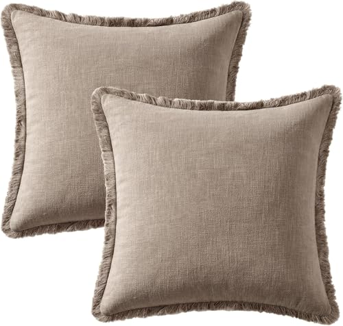 Linen Fringe Throw Pillow Covers 18x18 Inch Set of 2,Brown Tan - color: Dune, size: 18" x 18" (Pack of 2)