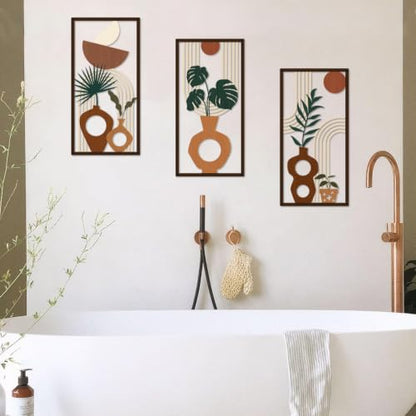 3 Pcs Boho Metal Wall Art, Mid Century Abstract Plant Vase Wall Decor - color: Earthy Tone