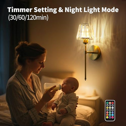Battery Operated Crystal Wall Sconce Set of 2, Gold Rechargeable Wireless Wall Sconces with Remote Dimmable 12 Colors Modes Led Wall Lights, Wall Lamp for Bedroom Living Room Hallway, 2 Bulbs Included - color: Gold