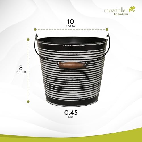 Headwind Vintage Ribbed Metal Planter with Handle, 10-Inch, Charcoal – Metal Flower Pot & Decorative Bucket Planter, Rustic Metal Outdoor Planter with Drainage Hole for Indoor Plants & Outdoor Garden - color: Charcoal, size: 10"