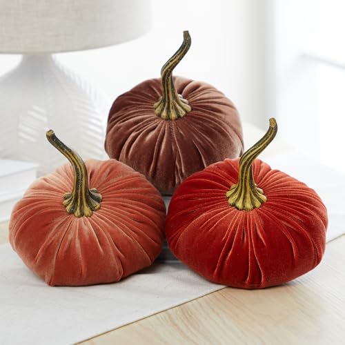 Set of 3 Velvet 6.25 Inch Pumpkins (Harvest, Bronze, Rust) - color: Harvest, Bronze, Rust