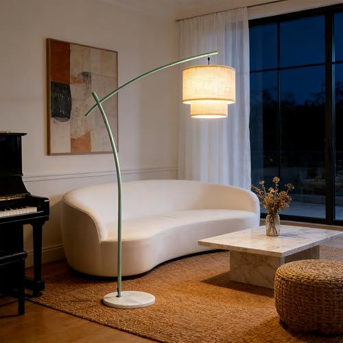 Lightdot Arc Floor Lamp, Modern Standing Lamps with Double Linen Lampshade - color: Fabric-Green