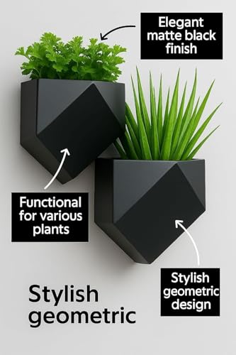 Vertical Garden Wall Planters – 2-Pack Modern Matte Black Geometric Pots for Indoor Plants, Wall Vase, Indoor and Outdoor Use 6"