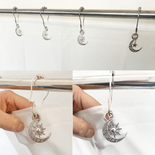 Decorative Sun Moon Celestial Shower Curtain Hooks Rings Set of 12, Silver - color: Silver