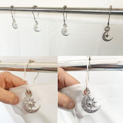 Decorative Sun Moon Celestial Shower Curtain Hooks Rings Set of 12, Silver - color: Silver
