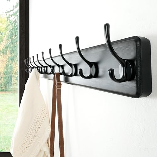 Dseap Coat Rack Wall: 38-1/4" Long, Patented, Heavy-Duty, 10-Double-Hooks Wooden Wall Mounted Coat Rack Coat Hanger Hook Rail for Winter Coats Hat Jacket Clothing, Black - color: Black, size: L=38.3"(1pcs)