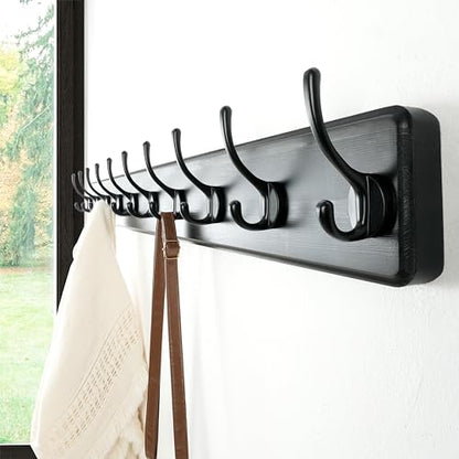 Dseap Wall Mounted Coat Rack: 38-1/4" Long, Patented, Heavy-Duty, 10-Double-Hooks Wooden Hanger Rail for Winter Coats, Hats, Jackets, Clothing - Black, Pack of 2 - color: Black, size: L=38.3"(2pcs)