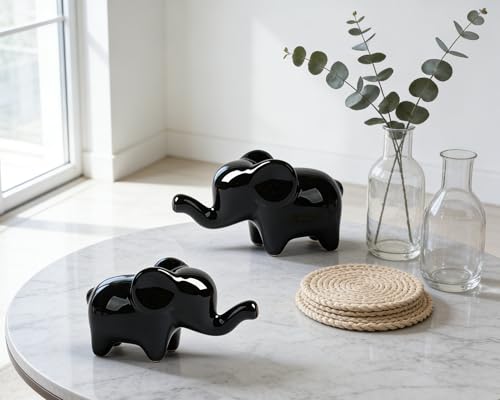 4 Inch Black Ceramic Elephant Figurines Set of 2 - color: Black