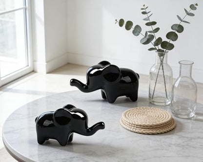 4 Inch Black Ceramic Elephant Figurines Set of 2 - color: Black