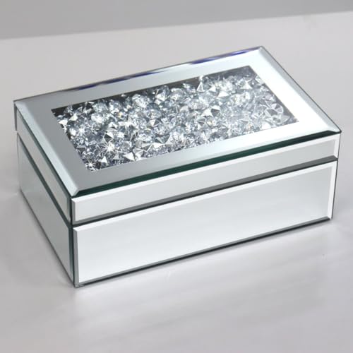 Luxury Silver Crushed Diamond Glass Mirrored Jewelry Organizer Box Storage - color: silver diamond