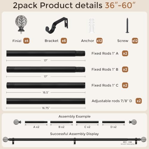 2 Pack Curtain Rod 36-60 Inch Boho Black 1 Inch Window Curtain Rod - color: Black, size: 36''-60'' (2 Pack)