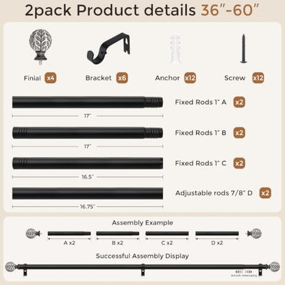 2 Pack Curtain Rod 36-60 Inch Boho Black 1 Inch Window Curtain Rod - color: Black, size: 36''-60'' (2 Pack)