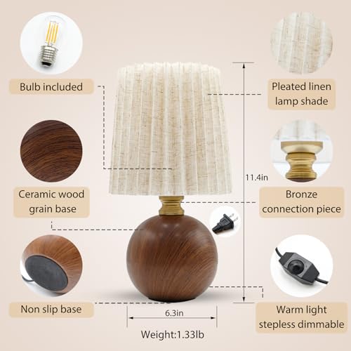 Small Pleated Table Lamp for Bedroom, Bedside Lamps for Nightstand, Dimmable Desk Lamp Ceramic Wood Grain Base Round Flaxen Fabric Shade for Living Room, Kids Room, LED Bulb Included (Modern) - style: Modern