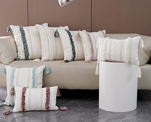 blue page Boho Tufted Square Pillow Cover 22 × 22 in – Neutral Pink | Woven Farmhouse Accent Decorative Throw Pillow Cover with Tassels & Invisible Zipper for Couch, Bed or Living Room - size: 22" x 22" (Pack of 1)