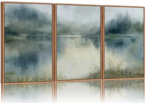 Tinonedraw Large Abstract Nature Framed Canvas Wall Art, Misty Forest Lake Wall Decor, Foggy Mountain Pictures Artwork, Sage Green Landscape Art Printing for Living Room Zen Bedroom Office 16"x24"x3 - color: Abstract Nature, size: 24"L x 16"W