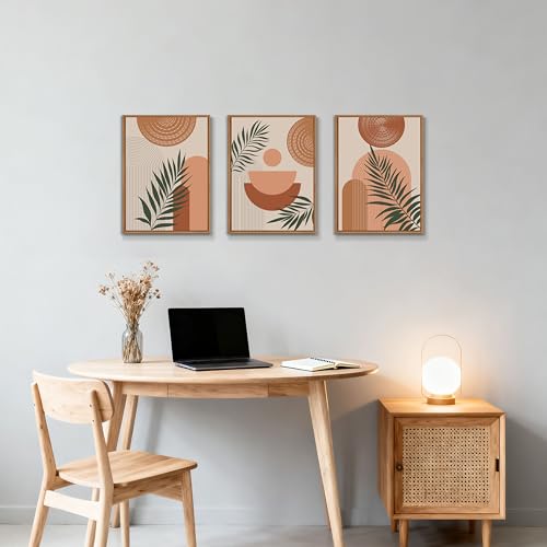 3 Pcs Terracotta Botanical Framed Canvas Wall Art Prints Abstract 12"x16" - color: Boho Terracotta Geometric Line Botanical, size: 12"x16"x3Pcs