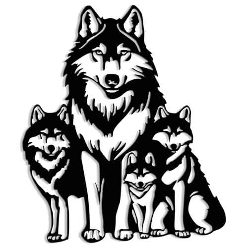 Maoerzai Geometric Wolf Family Metal Wall Art Decor, Perfect for Living Room, Office, Bedroom Entrance (Black - 12 x 14 Inch)