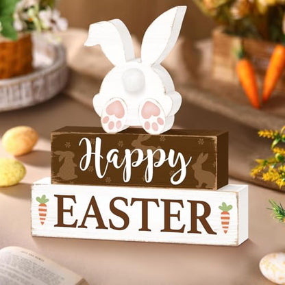 Happy Easter Bunny Table Sign Decorations, Easter Wooden Block Tabletop Centerpiece Signs, Rustic Farmhouse Spring Bunny Holiday Decorations for Tiered Tray Home Decor 3 Layered