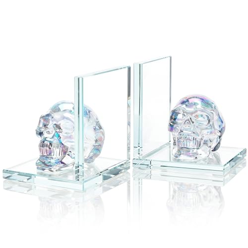 Decorative Bookends for Shelves - Glass Unique Bookends Crystal Skull for Heavy Books, Beauty Home Office Decor, Day of The Dead Decor (Transparent Iridescent) - color: Transparent Iridescent