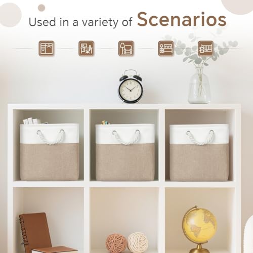 FinishingBo 11 inch Cube Storage Bin with Handles 6 Pack - color: White/Khaki-6 Pack